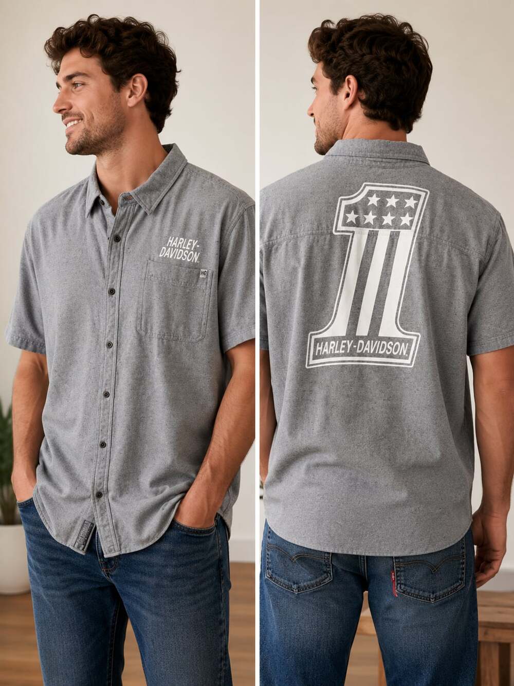 Harley-Davidson Men's #1 Graphic Short Sleeve Woven Casual Shirt - Gray 99006-20